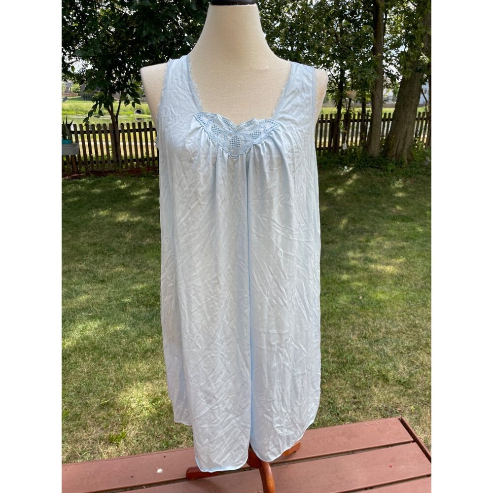 Vassarette Light Blue Lace-Trimmed Nightgown L Shiny MCM Babydoll Long Float